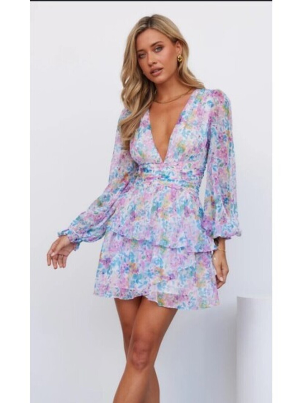 ACOA Floral Long-Sleeve Ruffle Layered Mini Dress - Women's XL NWOT